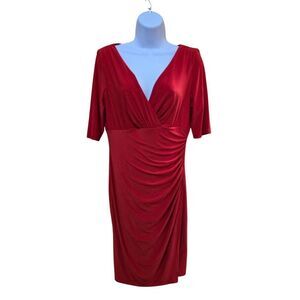 Ralph Lauren Red Ruched V-Neck Dress classic academia office wear elegant
